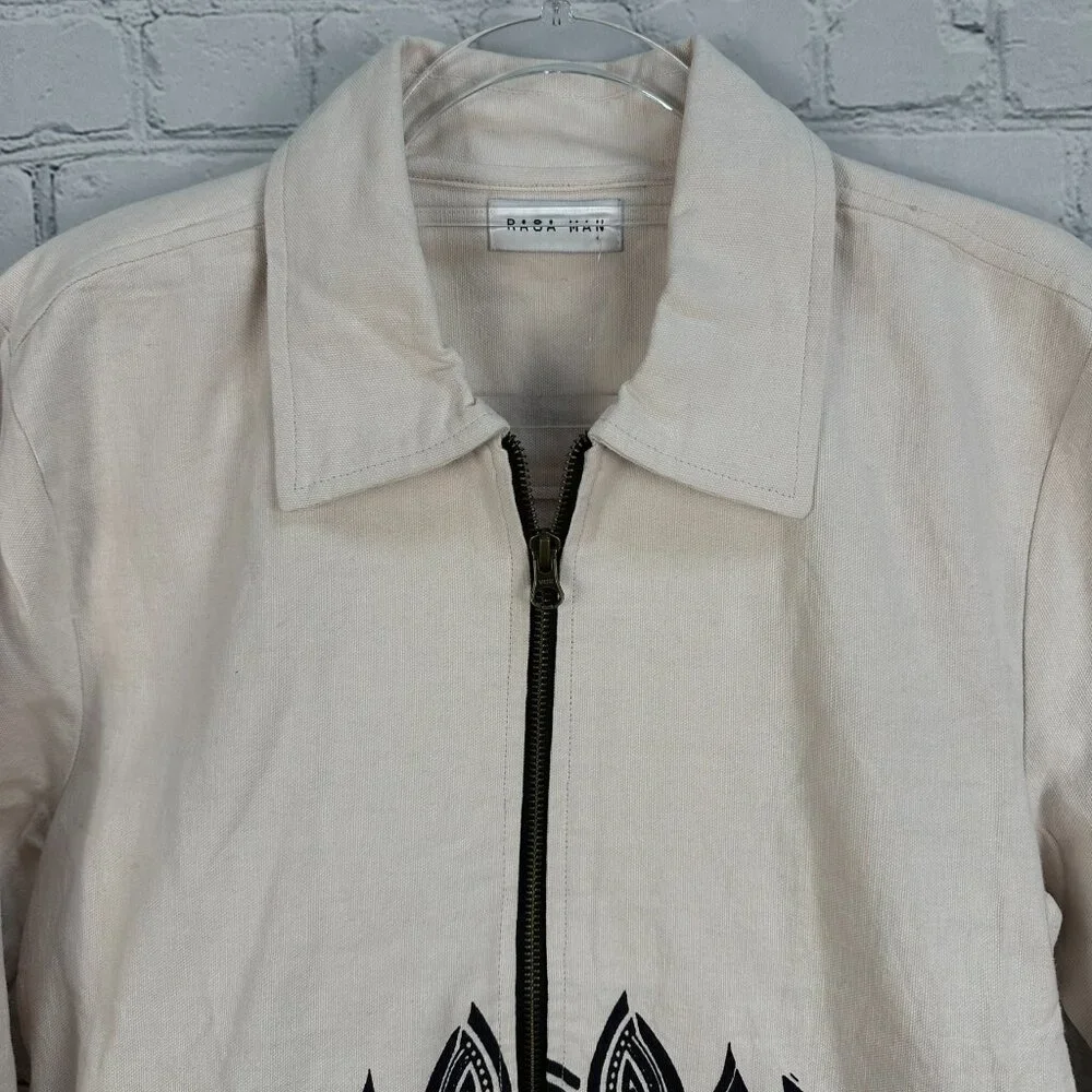 NWOT RAGA MAN‎ Men's Graphic Print Canvas Full Zip Jacket, Size Small, Cream